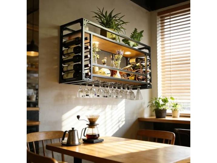 Weinregal zur Wandmontage, 2 Lagig Hängend Deckenregal Weinregal mit Glashalter, Industrielles Metall Hängender Schwimmender Weinflaschenregale, für Bars, Restaurants, Küchen, Café (schwarz, 80cm)