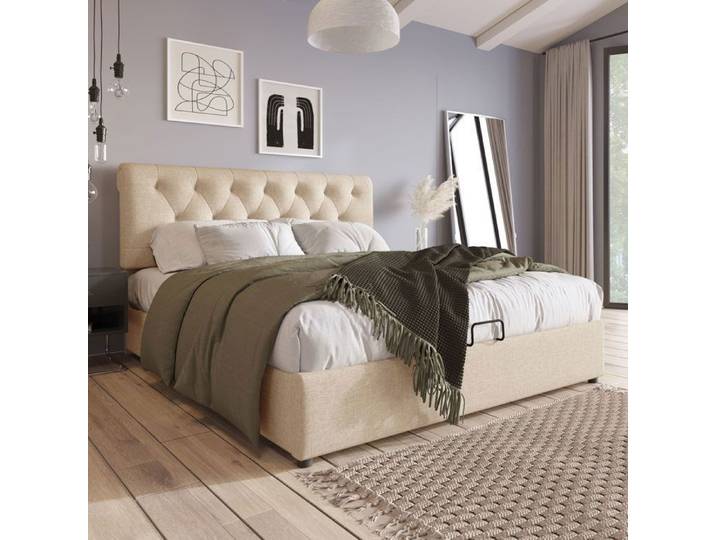 Lit coffre double 140x200cm Beige - Tête de lit réglable - Bois massif - 220KG