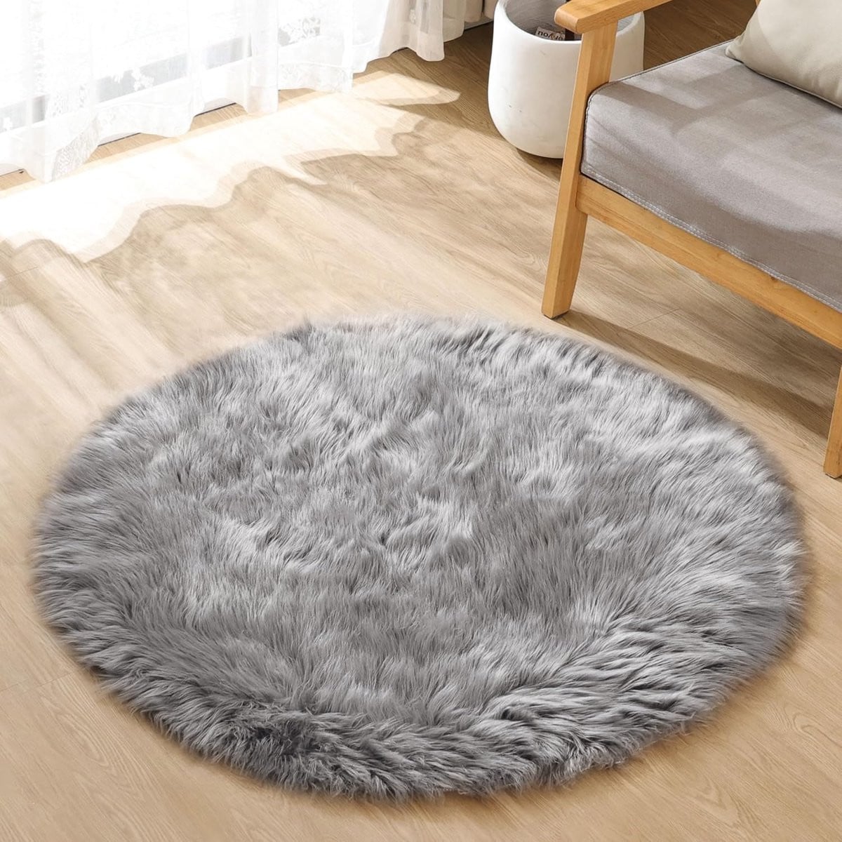 SnelShoppen Rond Fluffy Tapijt Grijze Faux Schapenvacht Diameter: 90 cm
