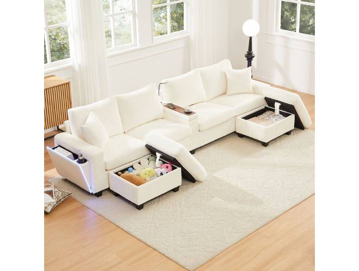 LUSCRIATE Canapé en U en velours côtelé avec 2 tabourets lampe de lecture étagère pliante porte-gobelet et USB/Type-C gris