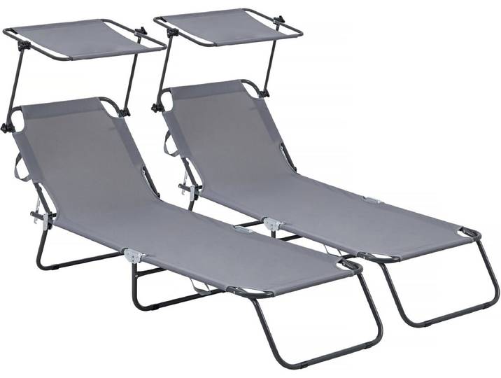 Lot de 2 bains de soleil pliable Lazy - Avec pare soleil - Gris
