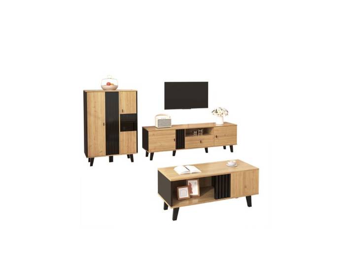 ®RisingFF Ensemble de salon 3 pièces table basse meuble TV et buffet design moderne en bois et noir.