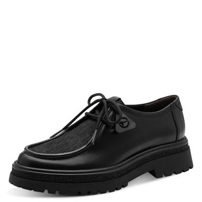 Schnürschuh TAMARIS, Damen, Gr. 40, Textil, schwarz, Leder, Lederimitat, Textil, Fellimitat, Schuhe Schnürschuh, Chunky Schnürer, Halbschuh mit Mokassin-Naht