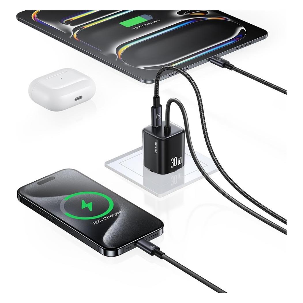 Usams Ładowarka sieciowa JC Series CC264 30W GaN Mini Fast Charger 2xUSB-C czarny (30 W, 2 Ports) (CC264TC01)
