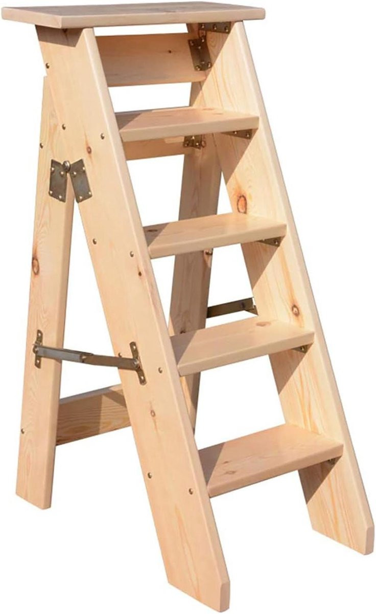 Multifunctionele houten ladderkruk met 5 treden in natuurkleur