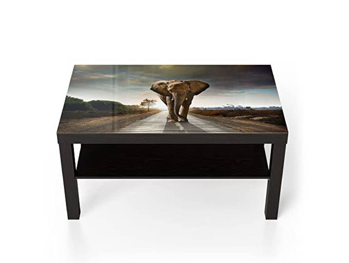 DEQORI Glastisch schwarz groß 90x50 cm Motiv Elefant auf Asphalt ausgefallener Beistelltisch aus Glas Hochglanz Couchtisch fürs Wohnzimmer moderner Couch Tisch mit Design