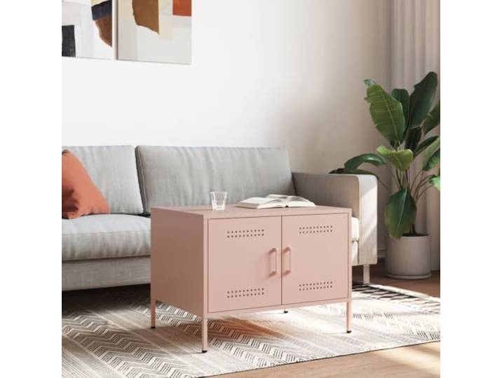 Couchtisch, Pink, 68x50x50,5 cm, Stahl Industrieller Stil, kaltgewalzter Stahlrahmen, verstellbare Füße, Tür, leicht zu reinigen
