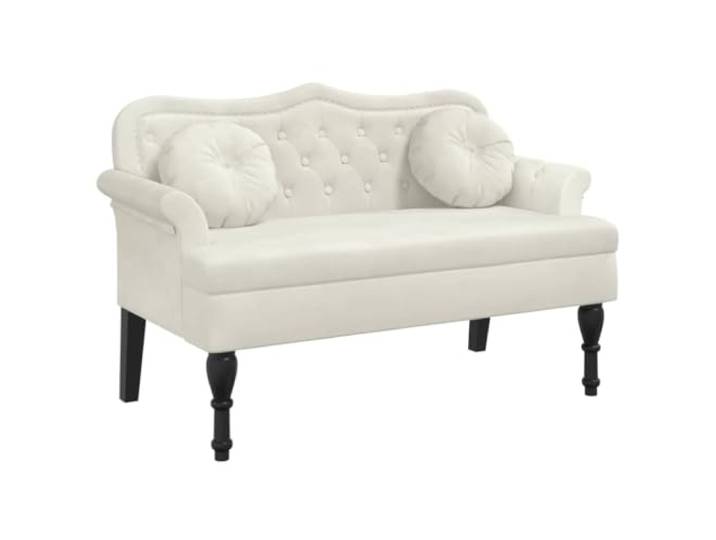 HKTMGDNG Samt Sitzbank mit 2 Kissen Creme 120,5x65x75 cm Elegante Polsterbank für Wohnzimmer und Schlafzimmer mit stabilen Kautschukholz-Beinen und bequemer Rückenlehne.