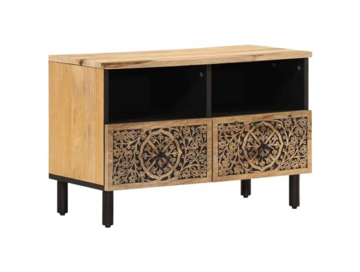 hliofuir TV-Schrank 70x33x46 cm Fernsehtisch Mango Massivholz Handgeschnitztes Blumenmuster und Eisenbeine setzen stilvolle Vintage-Akzente im Wohnzimmer, jedes Möbelstück ein Unikat.