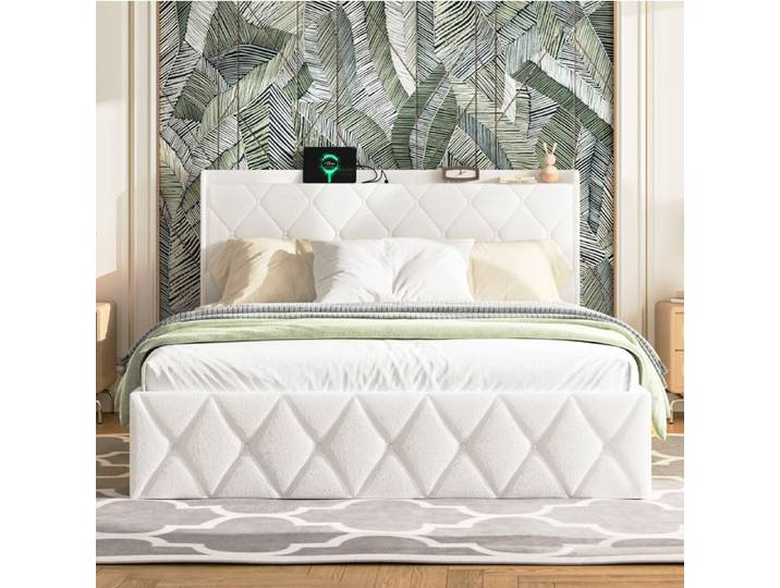 WUVRIE Lit double 160 x 200 cm blanc avec USB LED tête de lit capitonnée et rangement