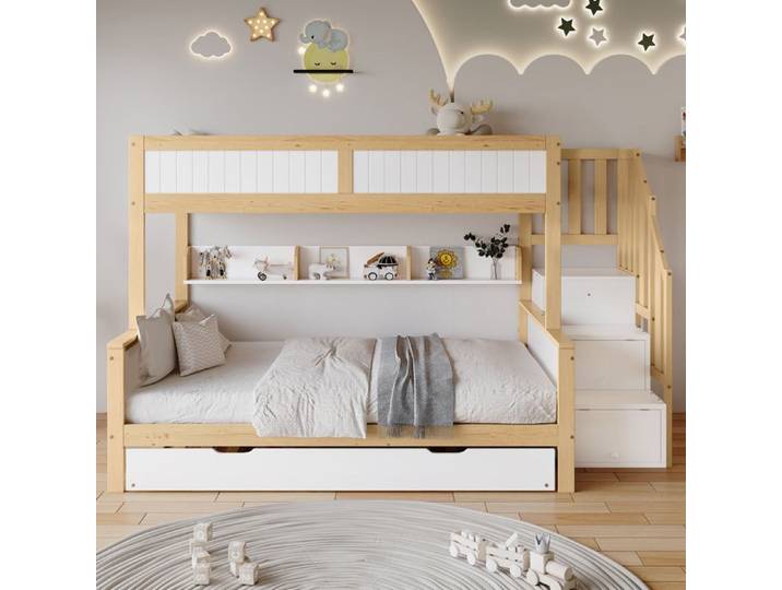 Lit superposé - ZEVKOR - 90×200/120×200 - Gigogne 90×190 - Escalier 3 rangements - Blanc naturel