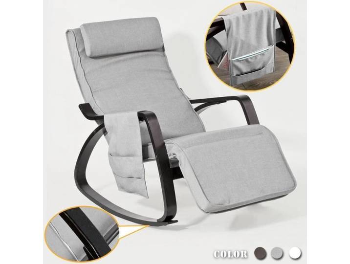 SoBuy Fauteuil à Bascule Relax avec Repose-Pieds et Appui-tête Réglables Chaise Rocking Chair Gris pour Intérieur/Extérieur