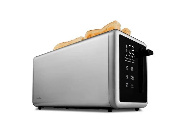 MEDION Toaster Langschlitztoaster, MD12103, LED Sensor-Touch-Display , silber (edelstahl), B:15,6cm H:18,7cm T:38,4cm, Toaster, abnehmbarer Brötchenaufsatz, Toaster