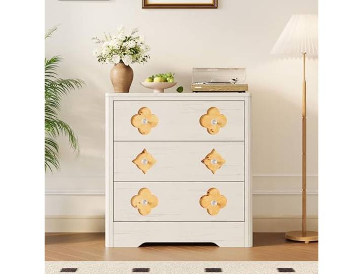 GarveeMore Kommode 3 Schubladen Ornament-Design Antikweiß 80x40x77 cm Klassische Eleganz Romantisches Flair Fürs Schlafzimmer Hochwertige Spanplatten-Verarbeitung Praktisch Für Wohnzimmer U