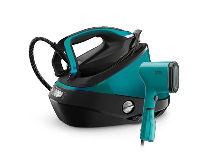 Tefal GV9822.DT2024 Pro Express Vision Dampfbügelstation + gratis Pure Pop Dampfbürste Smart LED Vision 0-180 g/Min. Dampfmenge 750 g/Min. Dampfstoß abnehmbarer Kalk-Kollektor Schwarz/Blau