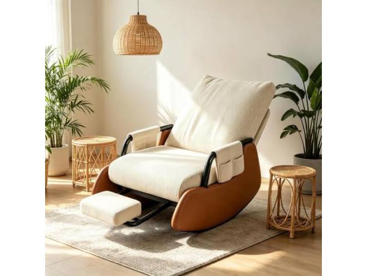 kumamart Komfort Schaukelstuhl mit Ausziehbarer Beinablage Ergonomischer Schaukelstuhl mit ausziehbarer Fußstütze und Seitentasche für tägliche Entspannung.