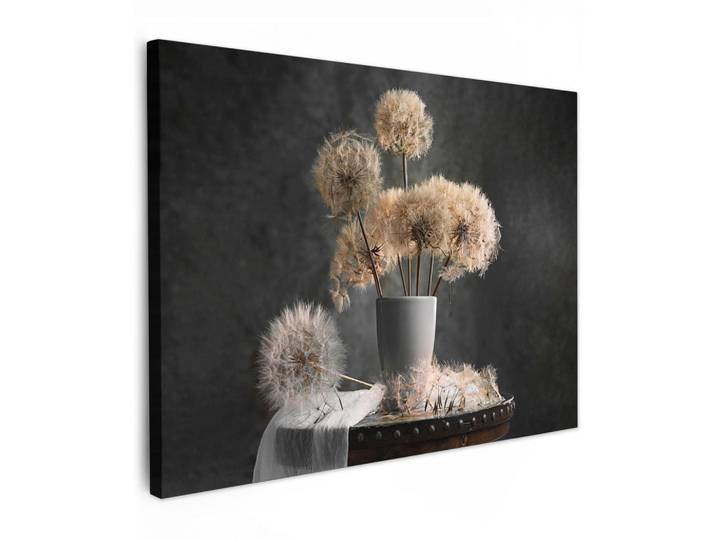 MuchoWow Leinwandbild - Blumensamen - Löwenzahn - Vase - Stilleben - Blumenstrauß - 80x60 - Malerei, Dunkelgrau, Textil, Kiefer, Abstrakt, Rechteckig, 80x60 cm, gerahmt, Bilder & Rahmen, Bilder, Wandbilder