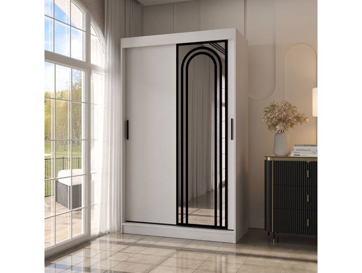 Kleiderschrank Weiß Matt 5 Fächer 2 Kleiderstangen hochwertig Verarbeitet 120 x 62 x 200 cm Schiebetürenschrank Spiegeltür modern