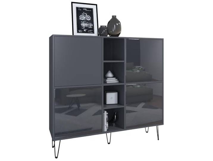 Vladon Highboard Havana V3, Kommode mit 4 Türen und 4 offene Fächer, Kommode Made in Germany, Anthrazit matt/Grau Hochglanz (130,5 x 124 x 35 cm)