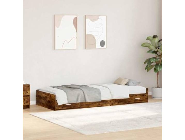 YUTAASU Bettgestell Mit Schubladen 90x190 Geräucherte Eiche Massives Kiefernholz, Klapptür Stauraum, Modernes Design, Pflegeleicht