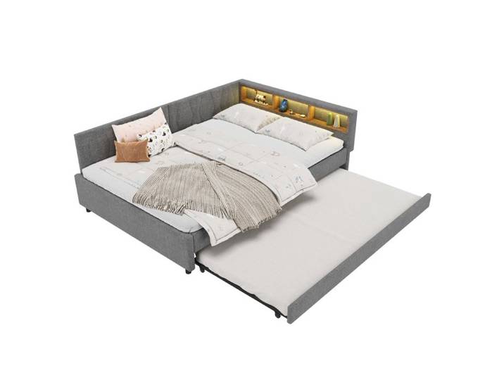 VLIVRA Lit Gigogne Lit Double USB Port Type-C LED et Étagères 140×200 cm sans Matelas en Lin Gris
