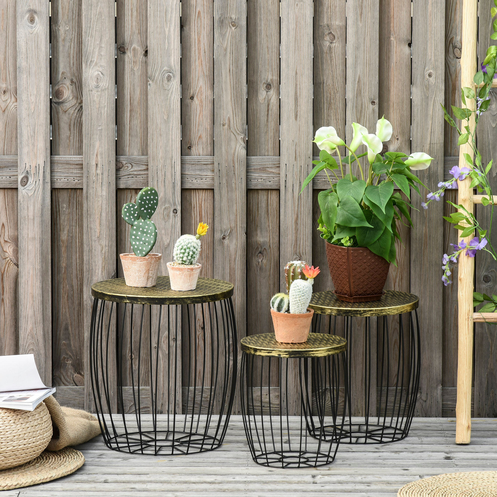 Altro Set Da Giardino Esterno, 3 Tavolini Da Balcone Impilabili, Arredamento Da Giardino Stile Industriale In Metallo Nero