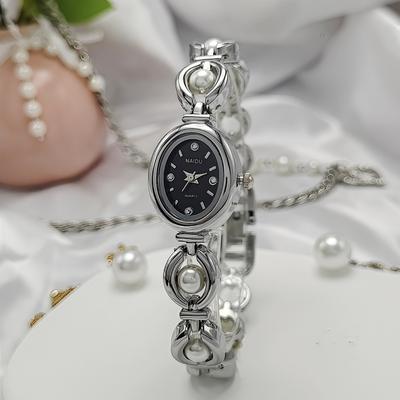 Fusion Finds Elegant Women's Bracelet Watch With Oval Quartz Dial & Pearl Style Bracelet silver Black