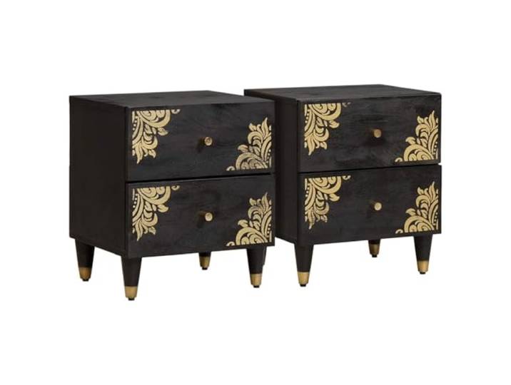 KDVXBCQJH 2er Set Nachttische Schwarz 40x33x46 cm Massivholz Mango Handbemalte Fronten und edle Messingdetails bieten stilvolle Aufbewahrung für Schlafzimmer und Gästeräume.
