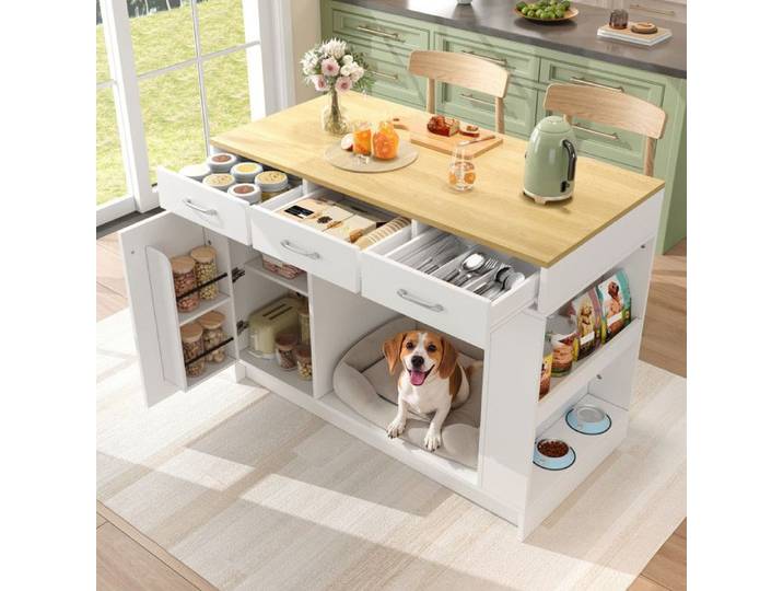 Îlot de cuisine 3 tiroirs 1 porte-épices étagère réglable espace de rangement pour animaux (san animaux coussin) 120x60x90cm