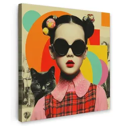 LEINWANDBILD Mädchen - Sonnenbrille - Katze - Retro Deko Wohnzimmer 20x20 cm