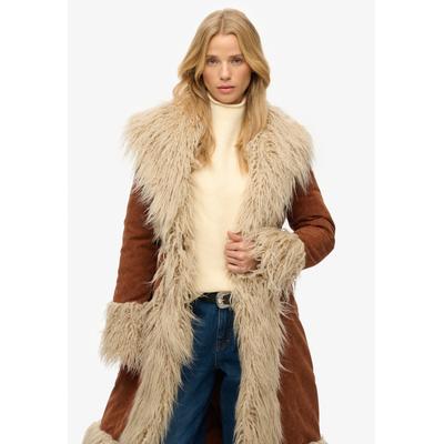Fellimitatmantel SUPERDRY "LONG AFGHAN COAT", Damen, Gr. M, braun (rustic chestnut braun), Web, Obermaterial: 92% Polyester, 8% Nylon, unifarben mit Farbeinsatz, slim fit knieumspielend, Mäntel, Materialmix, slim fit, mit Kunstfellbesatz