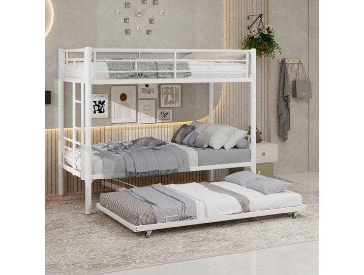 Lit Superposé Métal 90x190 avec Lit Gigogne 90x190 Lit Enfant avec Barrière de Sécurité & Sommier Convertible en Lit Simple Blanc