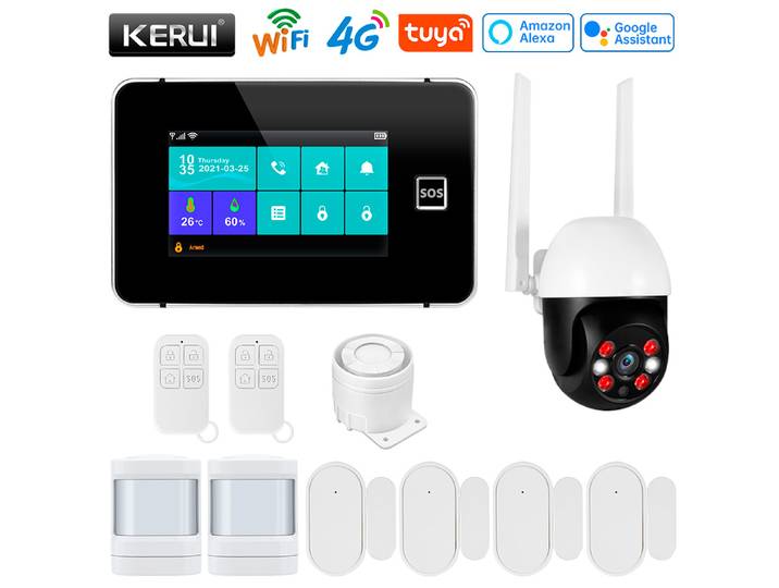 KERUI G64 4G WIFI système d'alarme sans fil GSM sécurité à domicile alarme antivol fonctionne avec Alexa Tuya Smart Life App contrôle