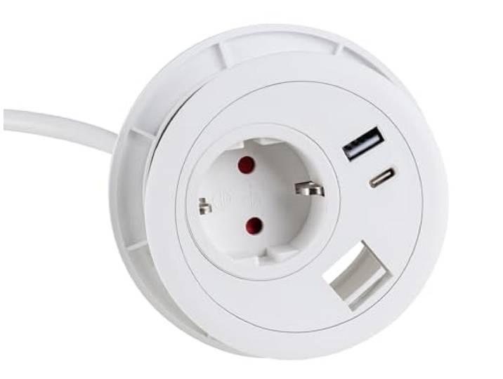 Ergolutions® Einlass Steckdose mit 2-Fach USB Lader - Unter-Tisch Montage, USB A und C Ports, Schnellladefunktion, Schuko-Steckplatz, Kabeldurchlass, Kindersicherung, ABS, Weiß