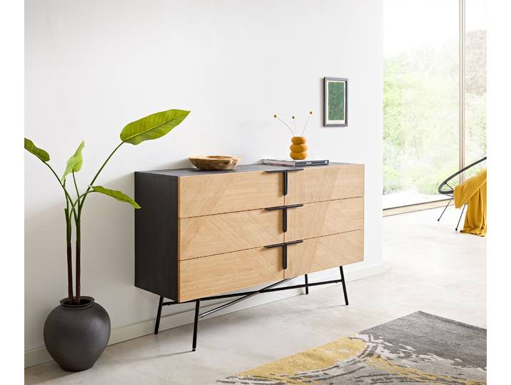 Buffet Mikkusu 140 cm bambou naturel manguier noir 6 tiroirs métal noir