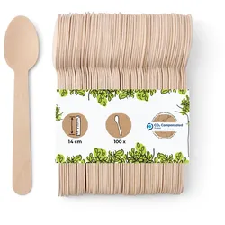 BIOZOYG 100 Stück Einweg Holzlöffel 14 cm kleine Einweglöffel Kaffeelöffel Dessertlöffel Eislöffel biologisch abbaubar Holzbesteck Partybesteck