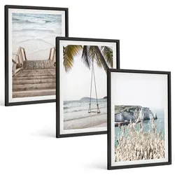BILDER SET 3er Set - 40x60 cm Schwarzer Rahmen - Strandtreppe aus Holz, Schaukel