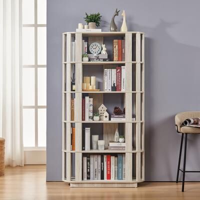 Kodotan sofa Wooden Oval Open Bookshelf, MDF Grid Frame Freestanding Bookcase, 5-Tier Easy Assembly Storage Display Rack