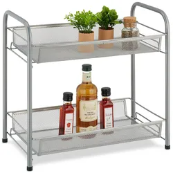 Relaxdays Gewürzregal, 2 Ebenen, Tischregal für Küche & Bad, Gewürze, Make-Up, Parfüm, Etagenregal aus Metall, Silber