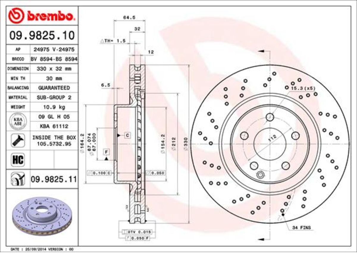 Disque de frein BREMBO 09.9825.11, 1 pièce
