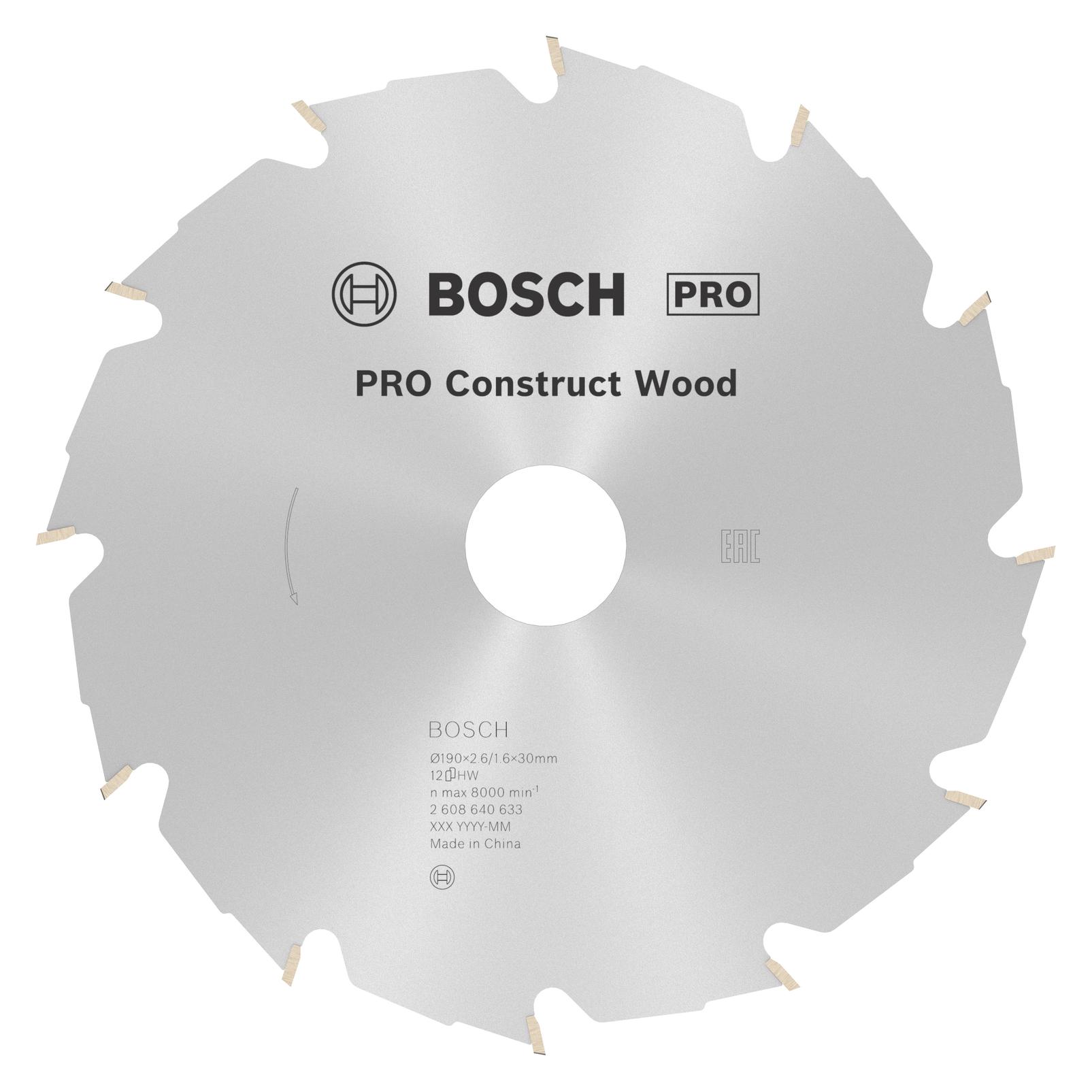Bosch Professional Zubehör PRO Construct Wood Kreissägeblatt, 190 x 2,6 x 30 mm (2608640633)