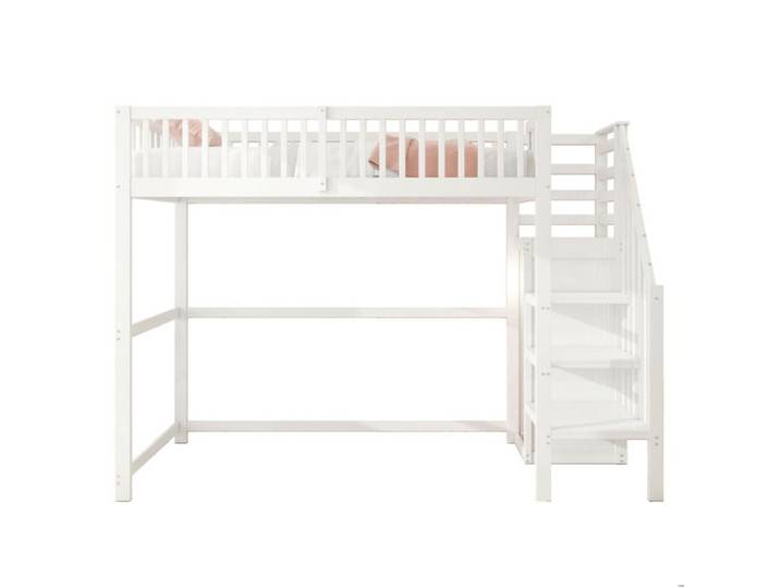 Lit mezzanine bois blanc 90x200 avec escalier rangement intégré et armoire simple