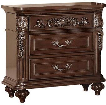 Benjara 30 Inches 3 Drawer Engraved Wooden Nightstand, Brown