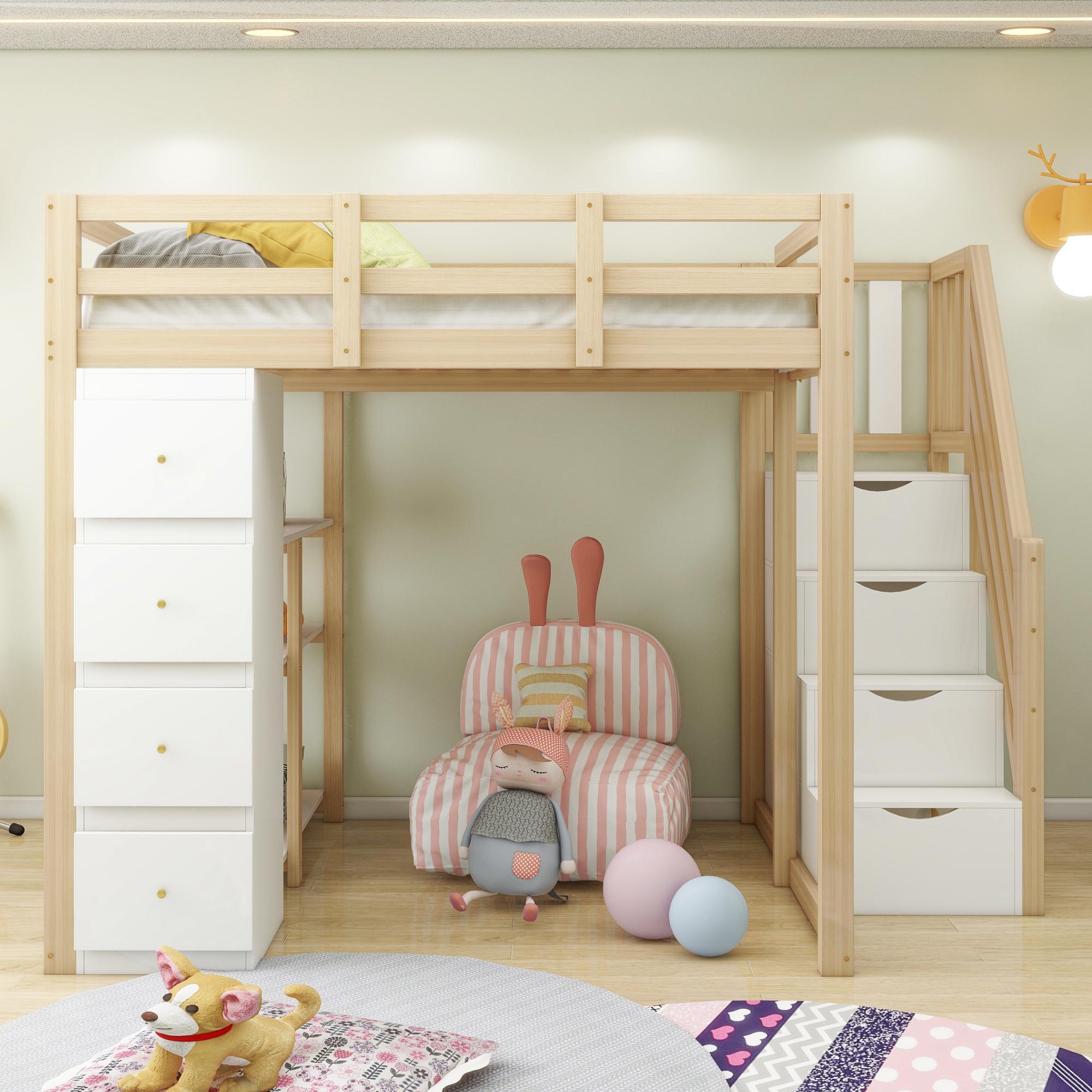 Hochbett 140x200 cm aus Massivholz in Holzfarbe, Hochbett mit Sicherheitsleiter und Aufbewahrungsschubladen für Schlafzimmer