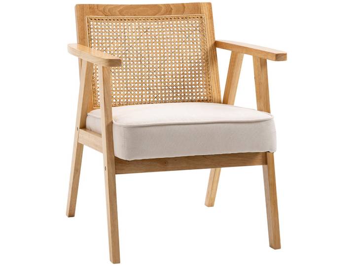Homcom Sessel Wohnzimmer Relaxsessel mit Armlehnen, Sitzkissen, Rattan-Rückenlehne, Weiß, Kunststoff, 63x78x69 cm, Wohnzimmer, Sessel
