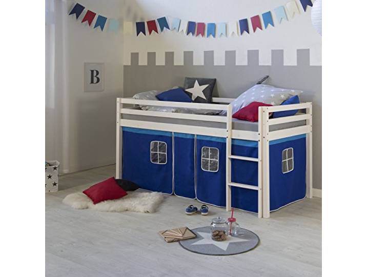 Homestyle4u Kinderbett 90x200 Weiß Blau Hochbett mit Treppe & Vorhang Massives Spielbett aus Kiefer Holz, Kinderhochbett mit Absturzsicherung, stabiles Jugendbett inklusive blauem Stoffvorhang