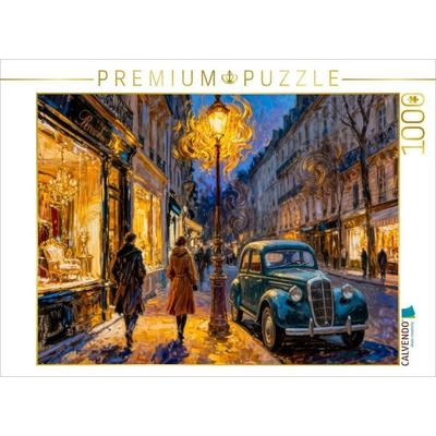 CALVENDO Puzzle Abendliche Straßenszene mit Oldtimer im Laternenlicht Impressionismus Puzzle | 1000 Teile Lege-Größe 64x48cm Foto-Puzzle für