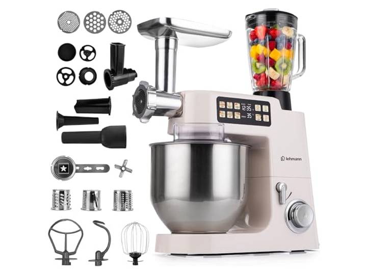 LEHMANN Teyles Multifunktions-Küchenmaschine 8L 2100W mit Waage & Heizschüssel, Planetarische Knetmaschine für Brot- & Pizzateig, 1,5-Liter-Mixer, Fleischwolf, Touchdisplay, Beige