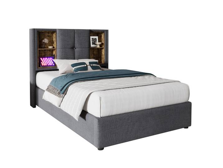 Modfu Polsterbett aus Baumwolle 90x200 cm in Grau mit kabellosem Laden & Usb, 90x200 cm, Schlafzimmer, Betten, Polsterbetten