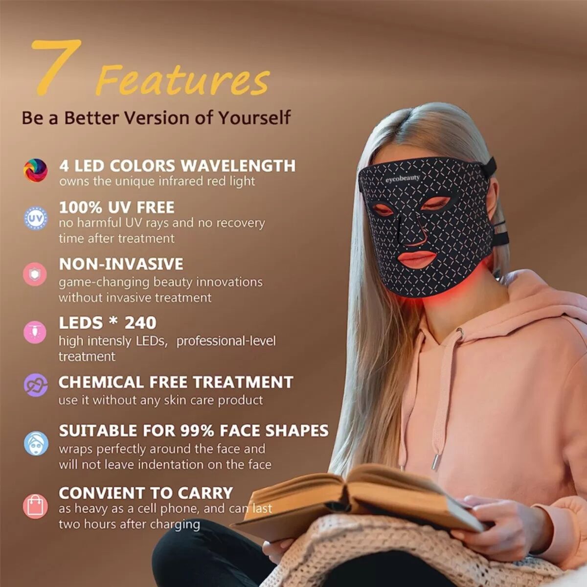 INF 7-Farben LED Gesichtsmaske Phototherapiegerät für Hautverjüngung und Aknebehandlung Schwarz